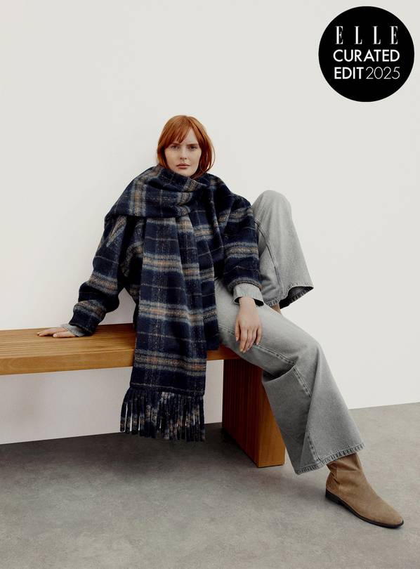 Navy Check Short Scarf Coat  XS